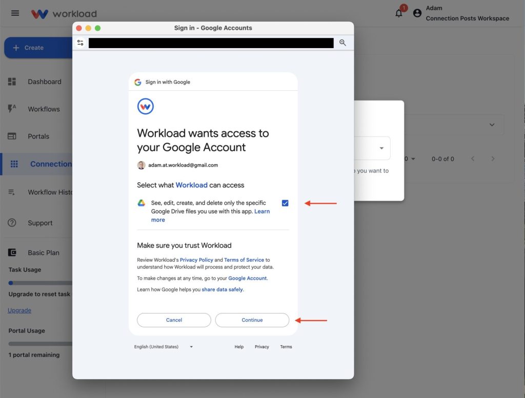 Screen showing Google permissions with Workload access options for selected Sheets and folders.