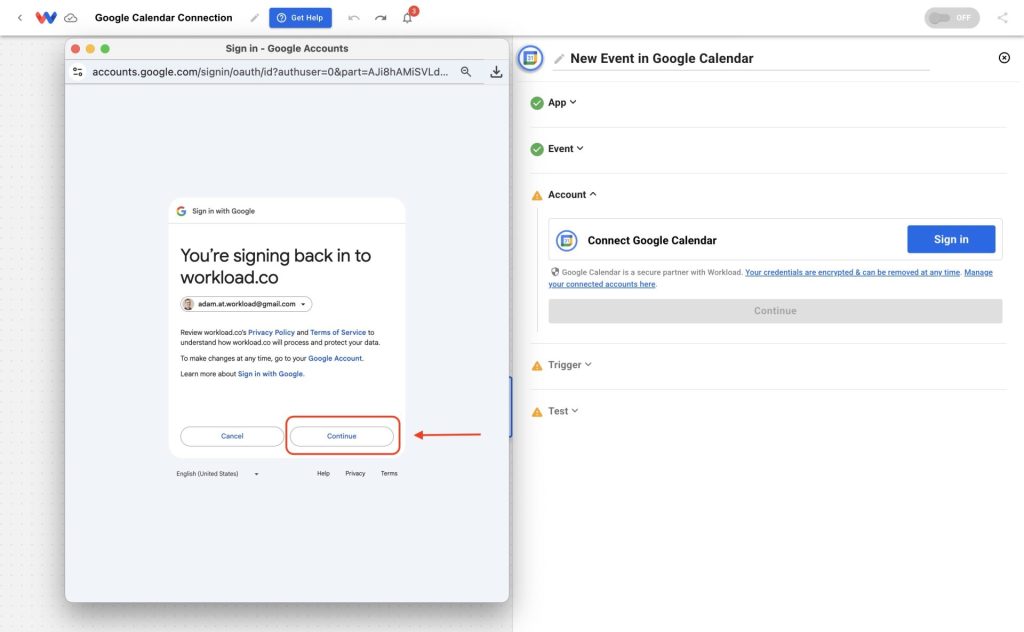 Confirm your sign-in to allow Workload to access Google Calendar.