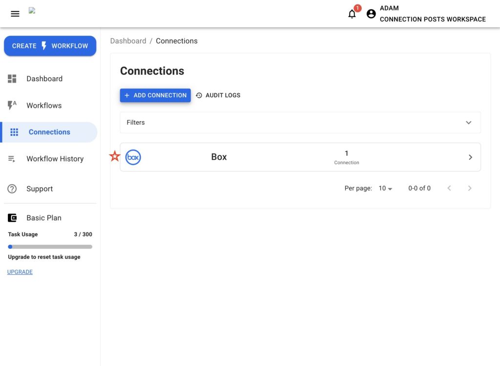 Workload Connections dashboard confirming Box is successfully linked and ready to use in automations.