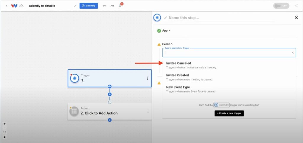 Choosing the 'Invitee Created' event in Calendly to trigger the workflow when someone schedules a meeting.