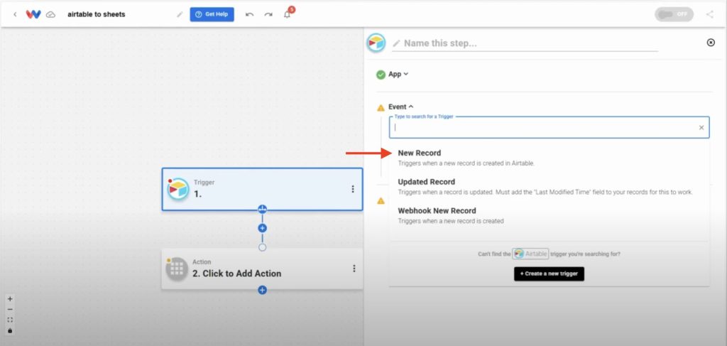 Selecting "New Record" as the event to start the Airtable Records to Sheets automation.
