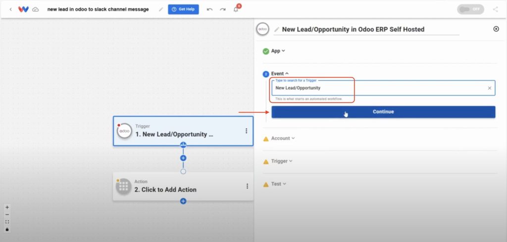Odoo trigger configuration selecting New Lead/Opportunity event to Send Odoo Leads to Slack.