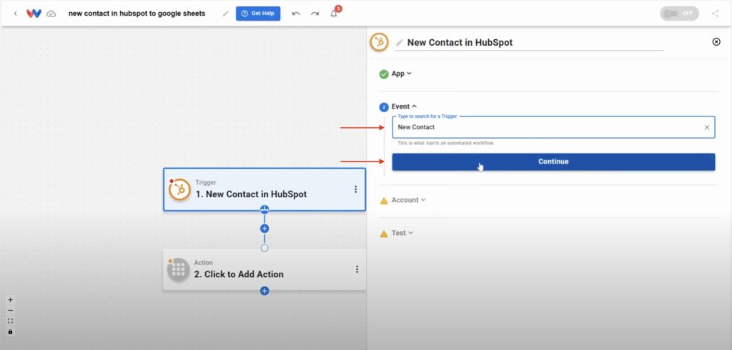 Choosing “New Contact” as the trigger event for HubSpot in Workload.