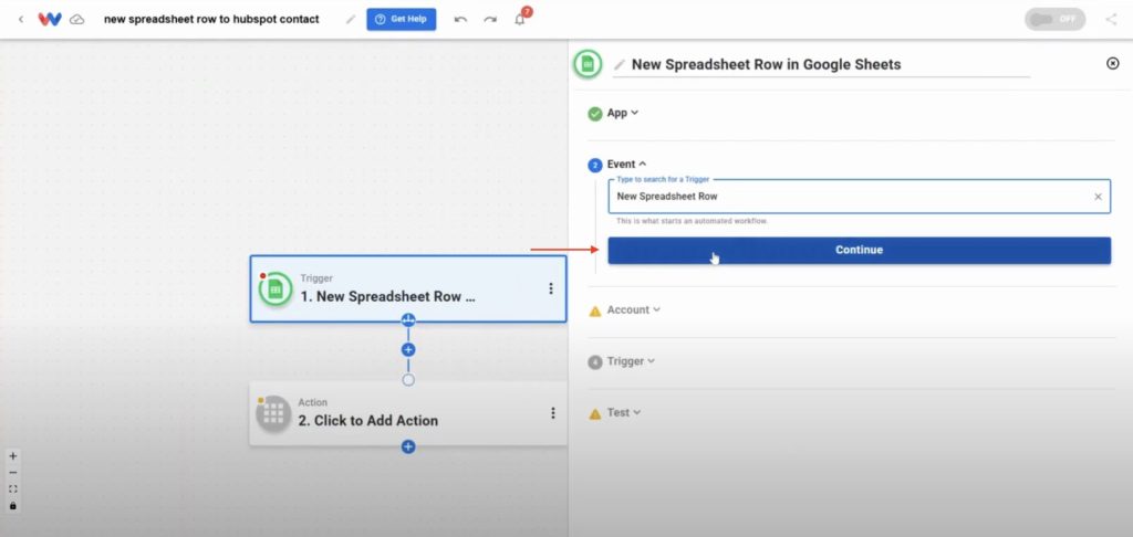 Choosing the “New Spreadsheet Row” trigger event to start the HubSpot Contacts from Google Sheets Rows automation.