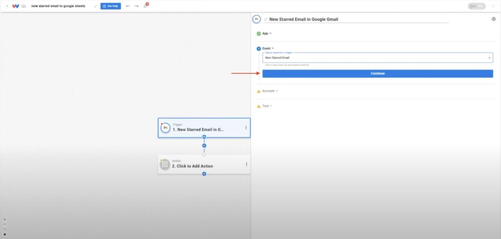Choose the event “New Starred Email” in Gmail to capture messages marked important.