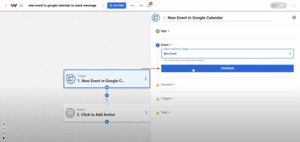 Setting the trigger event to "New Event" in Google Calendar within Workload.
