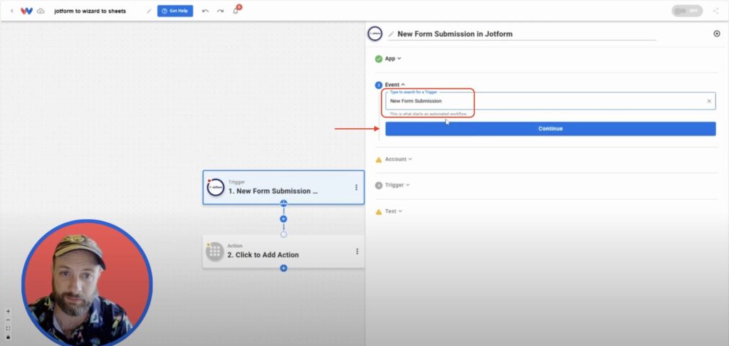 Choosing New Form Submission as the Jotform trigger event in Workload.