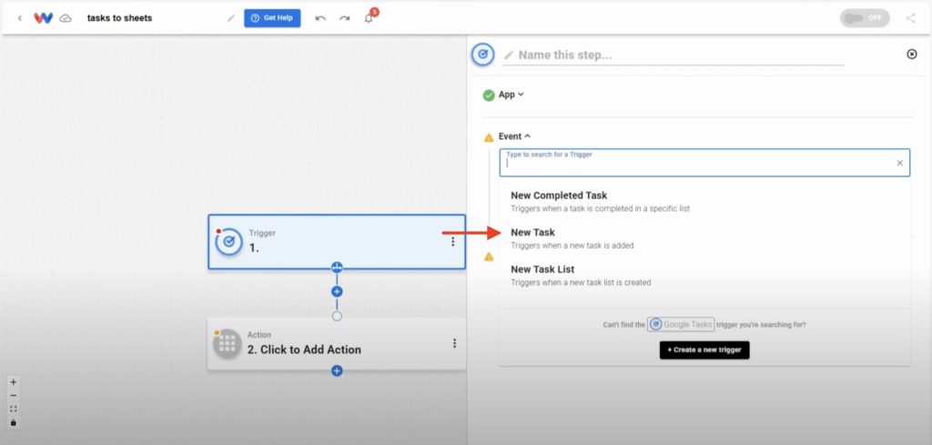 Choosing 'New Task' as the Google Tasks trigger event