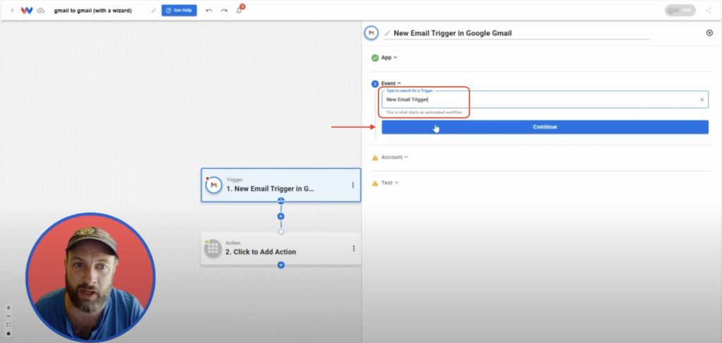 Choosing the New Email trigger event for Gmail to begin the automation process.