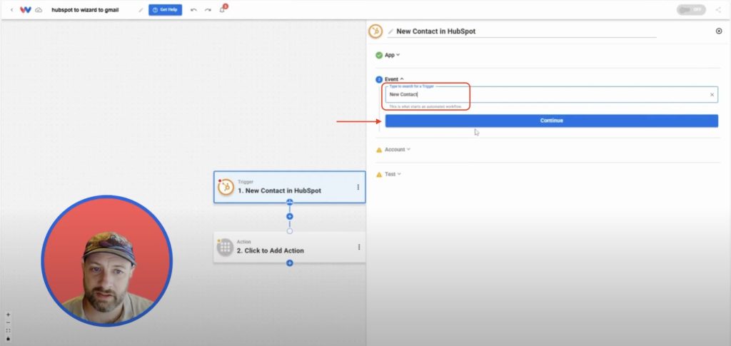Choosing “New Contact” as the trigger event in HubSpot within Workload.