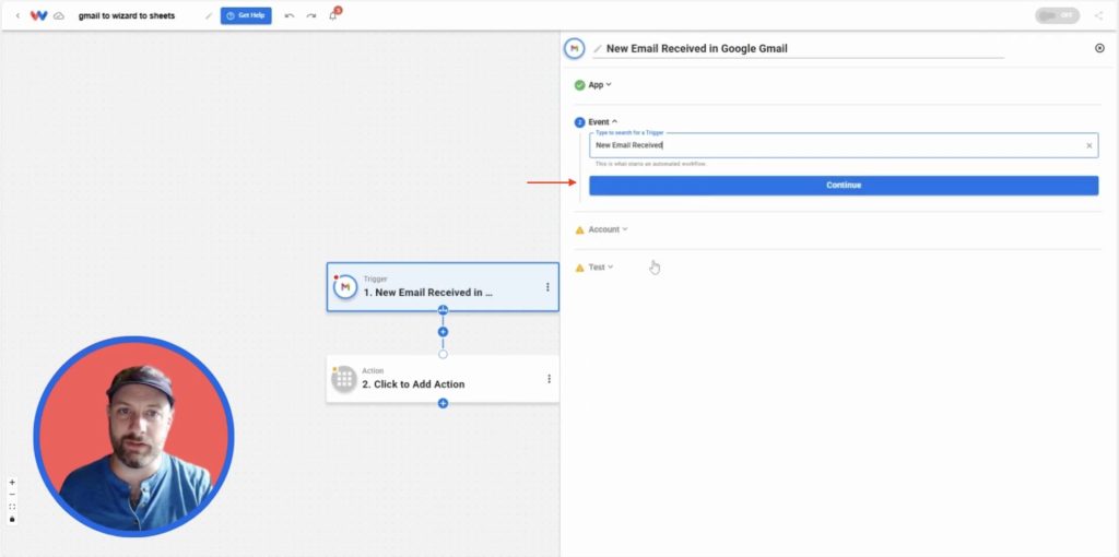 Choosing the “New Email Received” event as the Gmail trigger for automation.