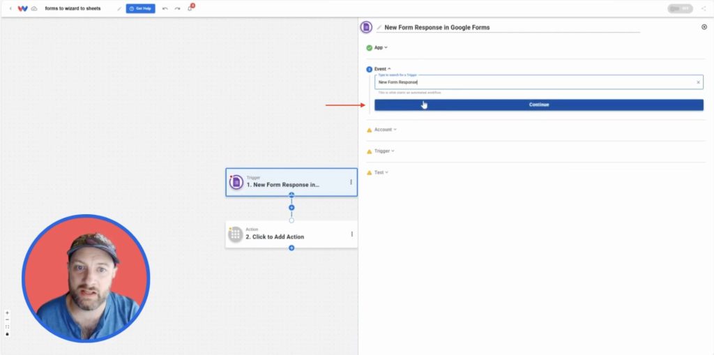Choosing the “New Form Response” trigger event in the Workload editor.
