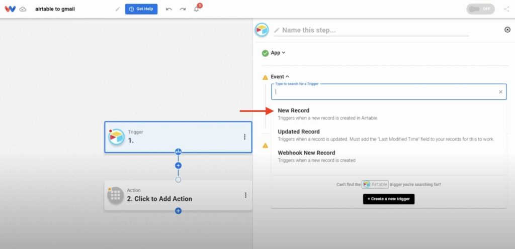 Choosing "New Record" as the trigger event for Airtable automation
