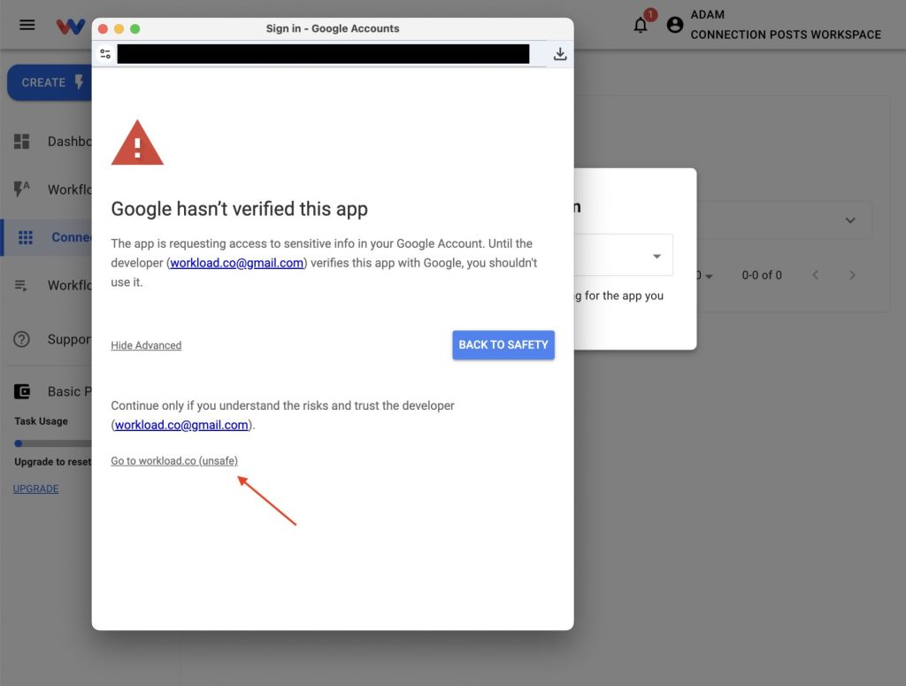 Security screen with unsafe app warning before allowing access.