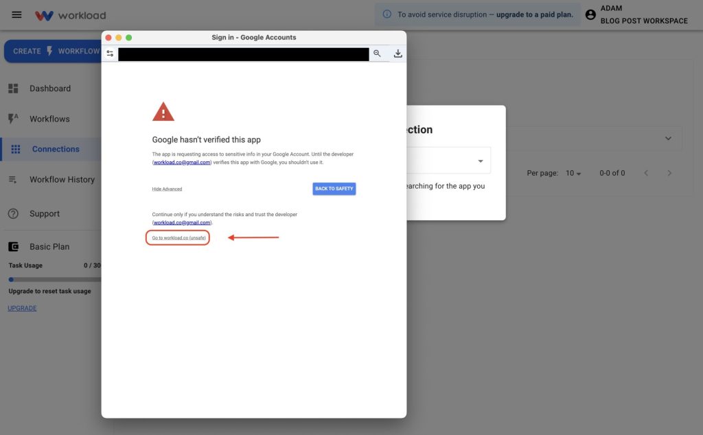 Confirm connection by selecting the unsafe link.