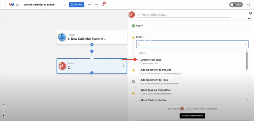 Selecting Create New Task as the action in Todoist for calendar automation.