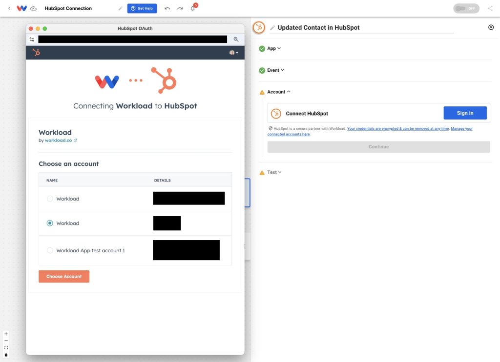 Select your HubSpot account from the list to Connect HubSpot to Workload.