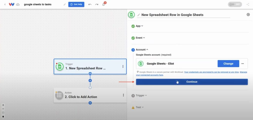 Connecting a Google Sheets account in Workload for task automation.