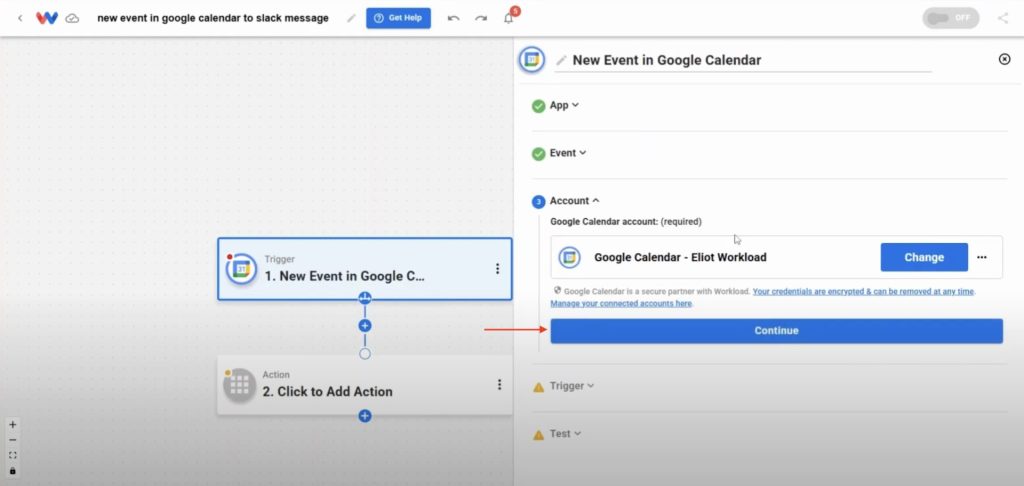 Connecting a Google Calendar account to Workload to enable event triggers.