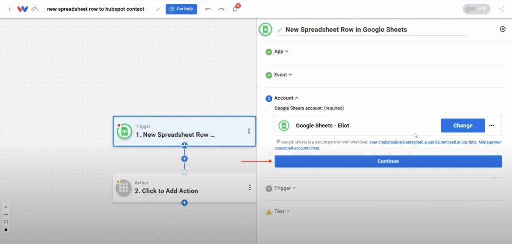 Connecting a Google Sheets account inside Workload to power the automation.