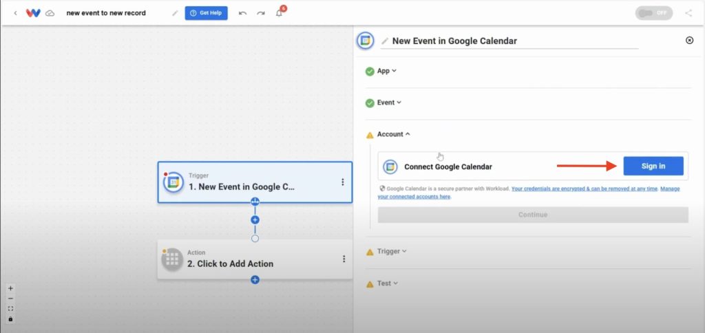 Prompt to connect and sign in to Google Calendar account in Workload