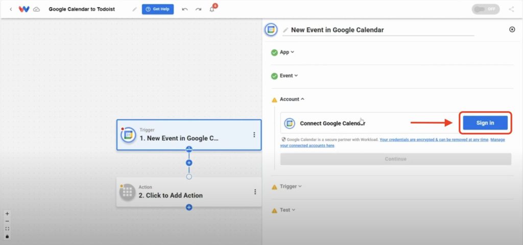 Editor view of Workload platform with a red arrow pointing to the Sign in button.