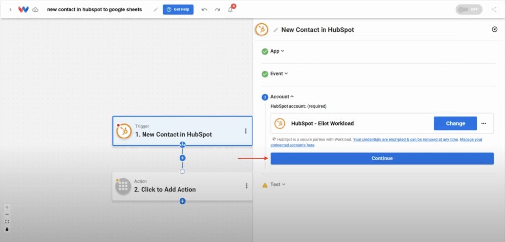 Connecting a HubSpot account in Workload to enable contact-based automations.