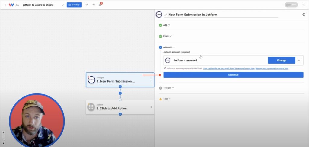 Connecting a Jotform account to Workload to authorize automation setup.
