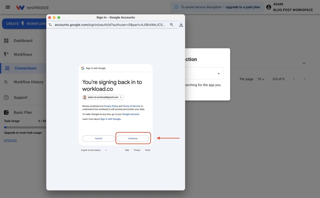 Approve the connection by clicking Continue in Google sign-in.