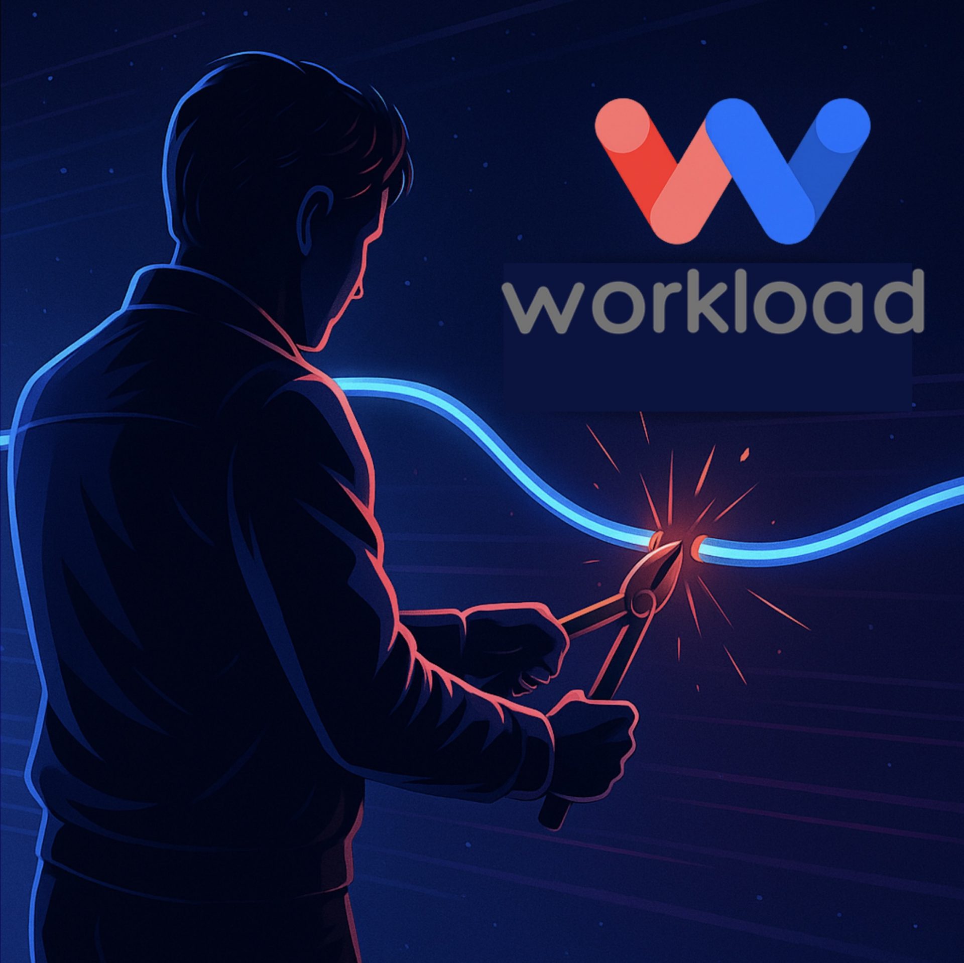 Futuristic illustration of a person cutting a glowing blue cable, symbolizing data disconnection from the Workload platform.