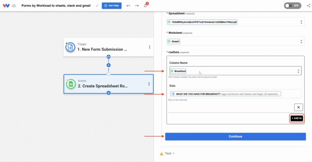 Use the Add To button to map each field from your form into the correct spreadsheet column.