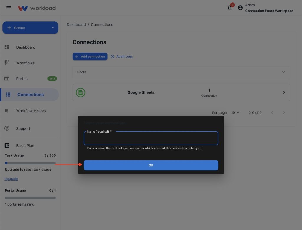 User naming their new Google Sheets connection within Workload setup.