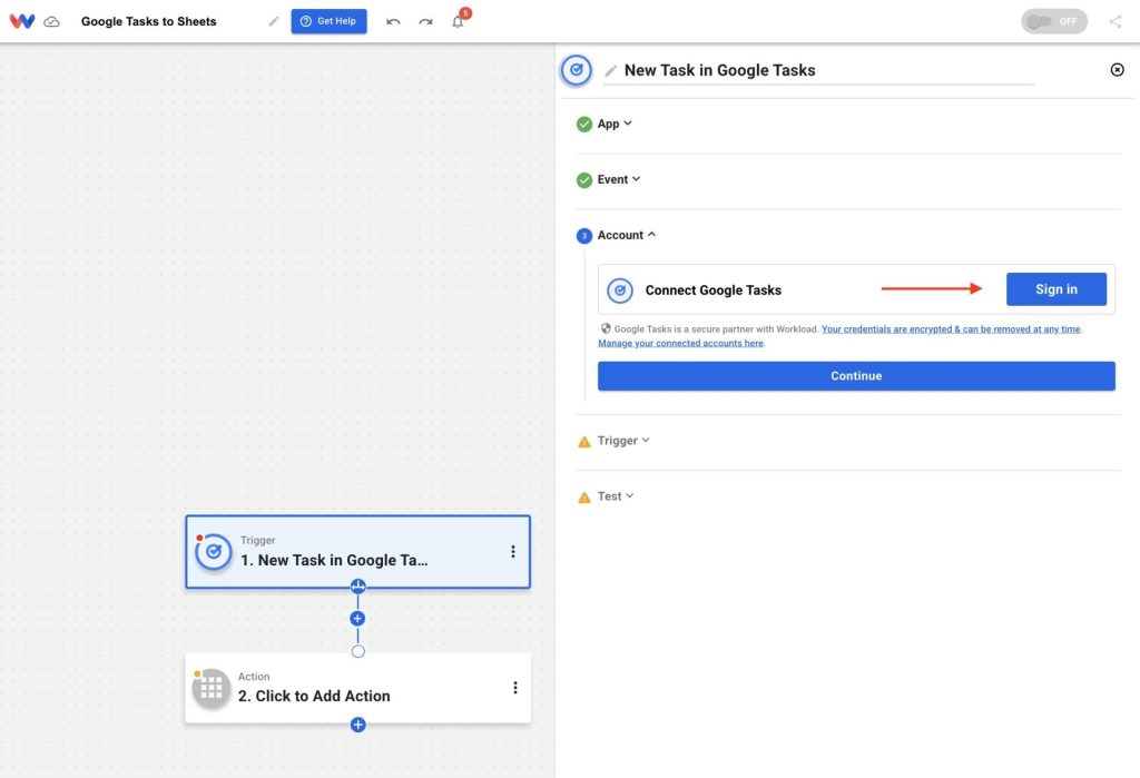 Authenticating Google Tasks to begin Automatically Log Google Tasks automation in Workload