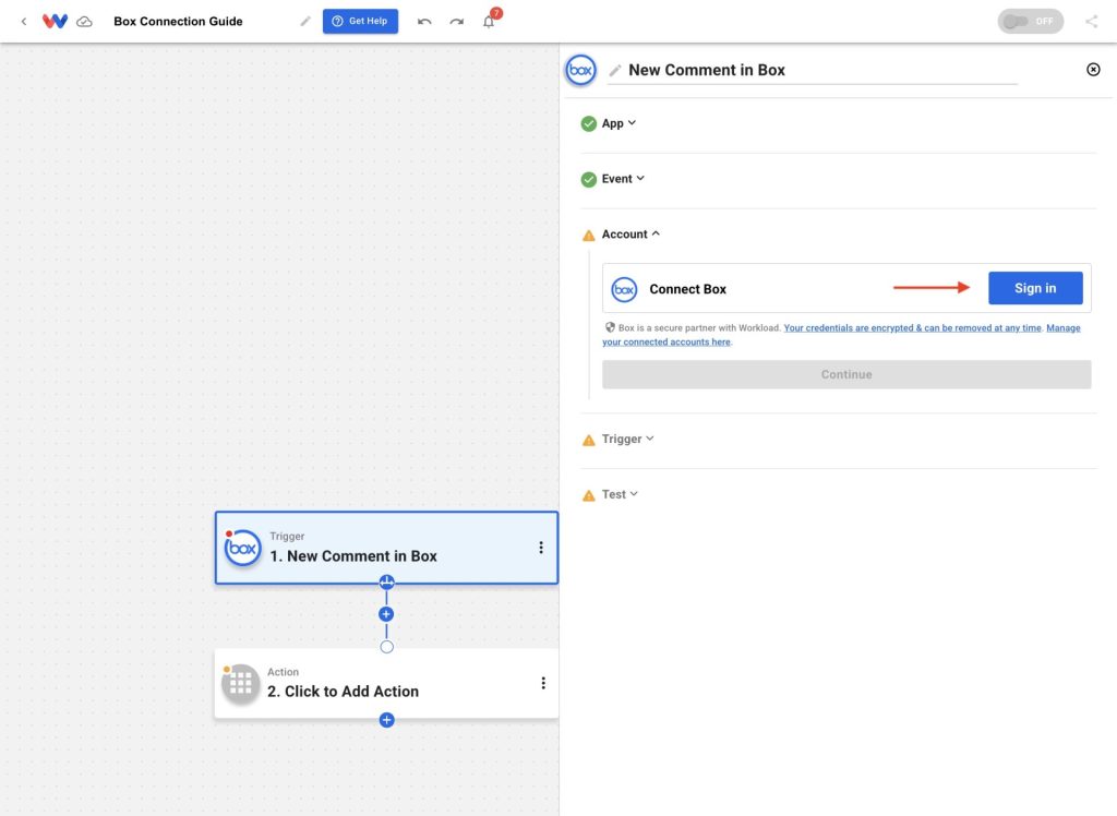 Box connection setup step inside a Workload automation showing the blue Sign in button.