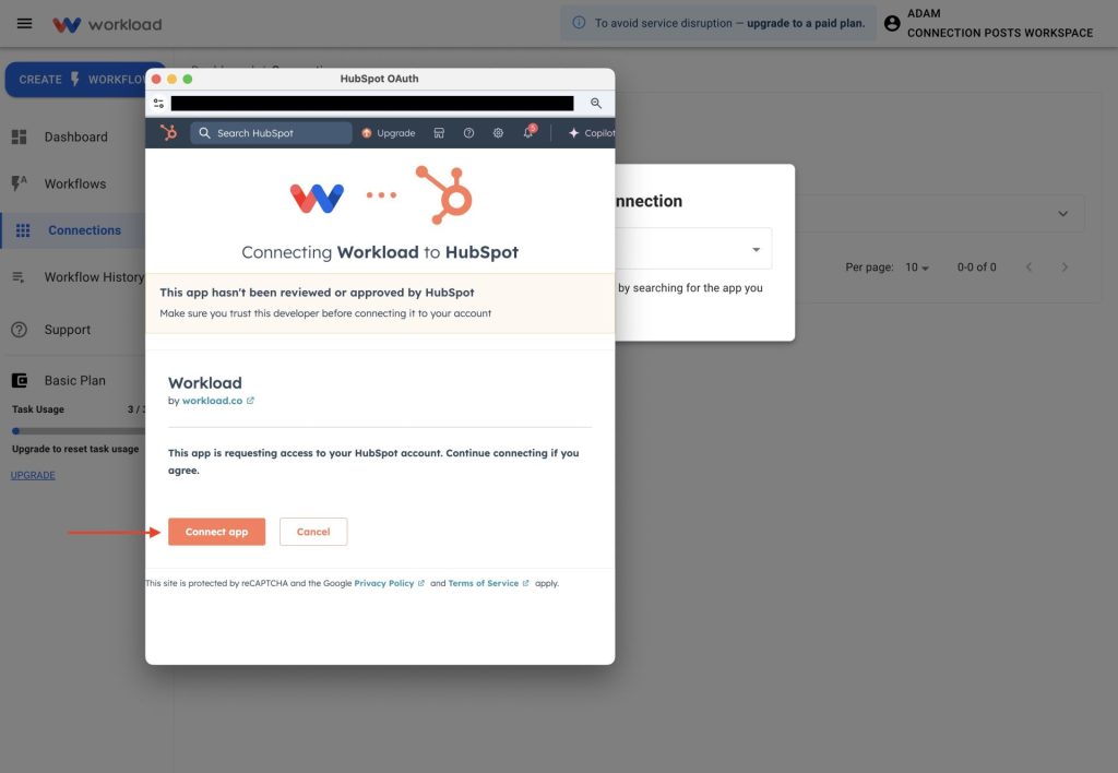 Click “Connect App” to finish authorizing HubSpot.