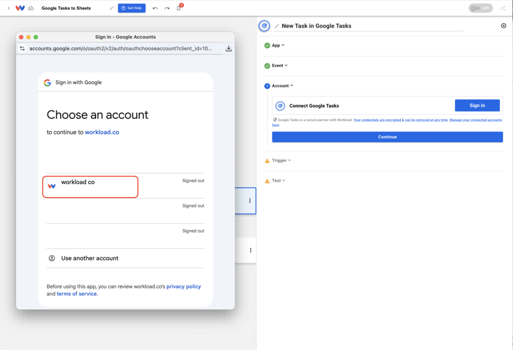 User selecting a Google account to connect with Workload for automation