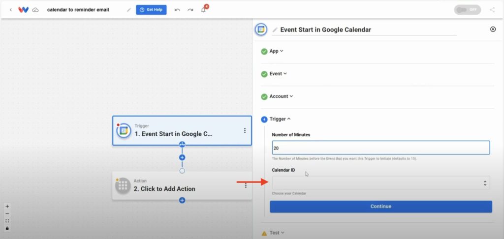 Editor view of Workload platform with red arrow pointing to Calendar ID dynamic dropdown menu.