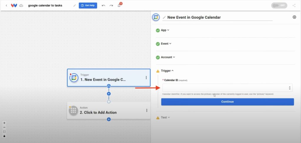 Choosing the calendar ID for the calendar events with tasks automation.