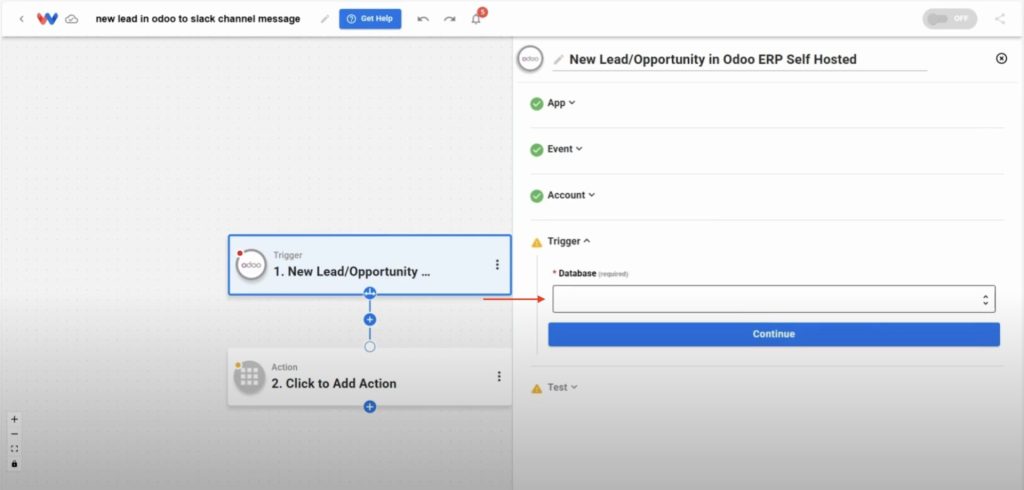 Trigger settings dropdown for Database, choosing the target Odoo database.