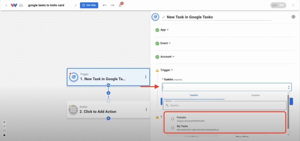 Selecting the Funsies task list as the trigger source in Workload.