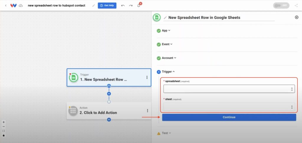 Picking a spreadsheet and worksheet to use in the HubSpot Contacts from Google Sheets Rows automation.