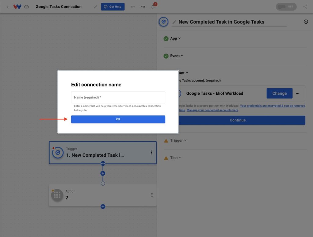 Enter a connection name for the Google Tasks account.