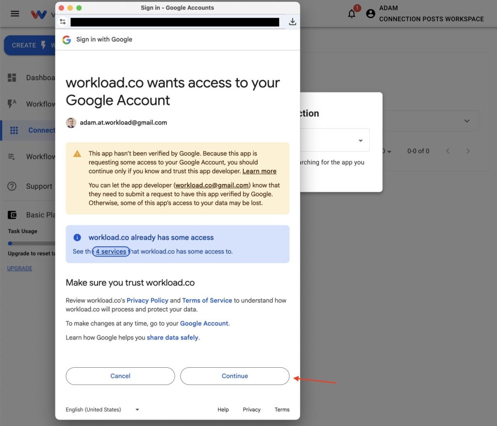 Confirm Google account permissions to finish connecting.