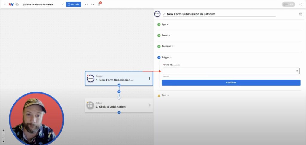 Selecting a Jotform form ID inside the Workload trigger setup to capture submissions.