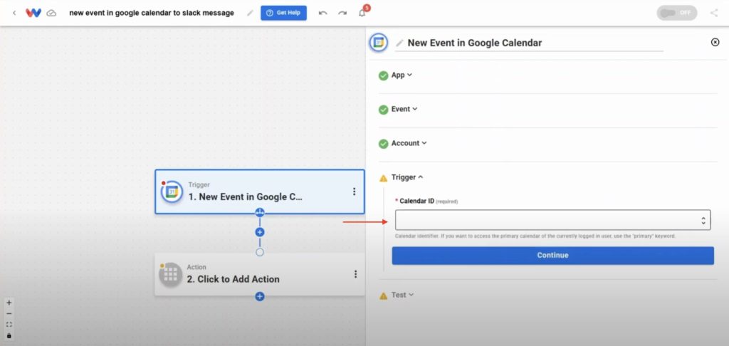 Choosing a specific Google Calendar for automation to share events in Slack channels.