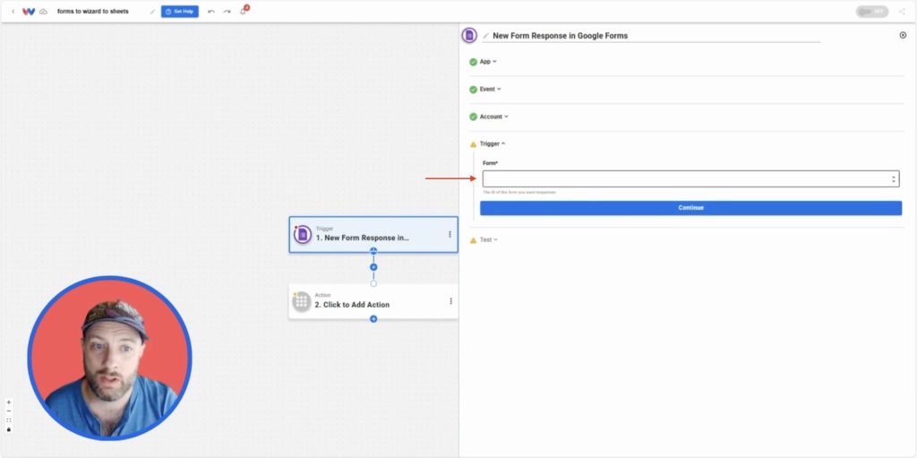 Selecting the form to use as the trigger source in a Google Forms to Google Sheets automation.
