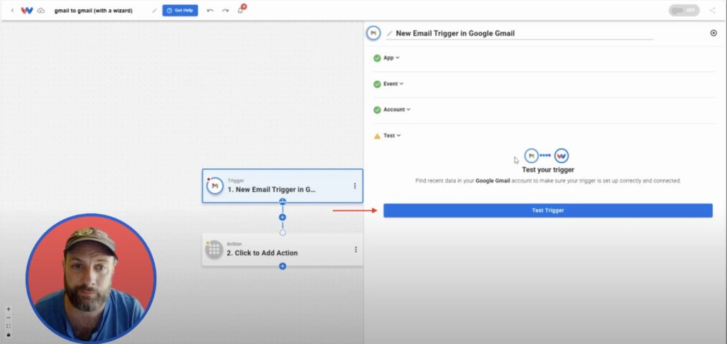 Testing the Gmail trigger in Workload to pull sample email data for automation setup.