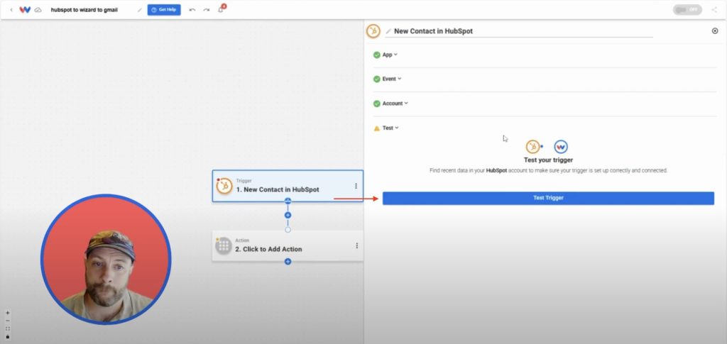 Testing the HubSpot trigger step in Workload to confirm contact data retrieval.