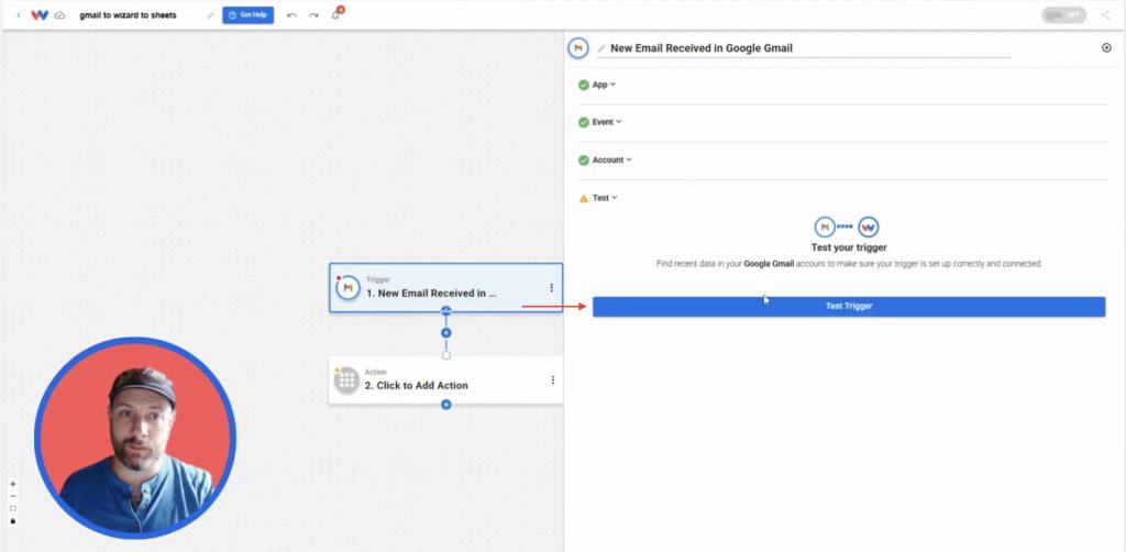 Testing the Gmail trigger in Workload to pull sample email data for Summarize New Emails with AI.