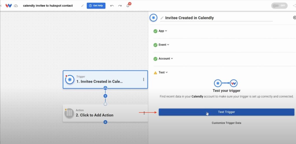 Test the Calendly trigger to pull in recent invitee data for setup.
